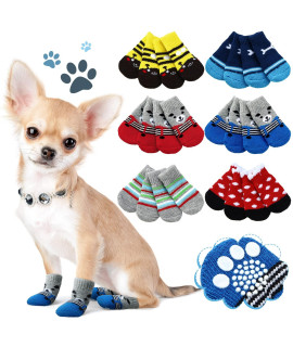 24 Pieces Dog Socks For Small Medium Dogs Non Slip Skid Pet Puppy Doggie Grip Socks Paw Protectors Indoor Traction Control Socks For Hardwood Floor Protection, 6 Styles(Medium)