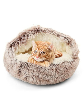 Cat Bed with Hooded Blanket, Round Soft Plush Burrowing Cave Hooded Cat Bed Donut for Small Dogs or Cats, Machine Washable Slip Resistant Bottom,Ultra Soft Plush Cushion (24x24 inch, Coffee)