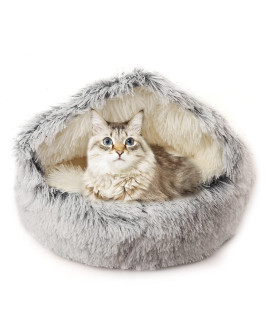 Cat Bed with Hooded Blanket, Round Soft Plush Burrowing Cave Hooded Cat Bed Donut for Small Dogs or Cats, Machine Washable Slip Resistant Bottom,Ultra Soft Plush Cushion (24x24 inch, Grey)