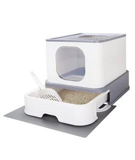 Cat Litter Box With Lid,Top Entry Kitty Sifting Litter Box Kitten Toilet For 8Lb Cats,Enclosure Cat Litter Pan With Mat No Smell And Easy To Use (Gray, Large)