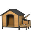 PawHut Wooden Outdoor Dog House, Cabin-Style Pet House with Feeding Bowls, Asphalt Roof, Storage Box for Dogs Up to 66 Lbs., Natural