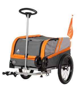 Aosom Dog Bike Trailer 2-in-1 Travel Dog Stroller, Small Pet Bicycle Cart Carrier with Universal Coupler, Safety Leash, and Easy Fold Design, Orange