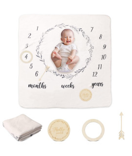 Ibwaae Baby Thick Flannel Monthly Milestone Blanket Newborn Growth Chart Soft Neutral Photography Background Blanket (40X41) With Milestone Card Circle Ring Arrow Gift(Wreath)