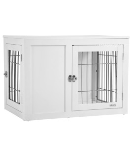 PawHut Dog Crate Furniture Wire Indoor Pet Kennel Cage, End Table with Double Doors, Locks for Small and Medium Dog House, White