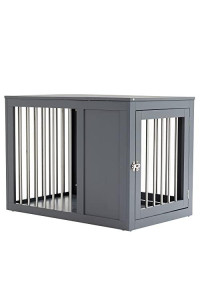 PawHut Dog Crate Furniture Wire Pet Cage Wooden Dog Kennel, End Table with Double Doors, and Locks, for Medium and Large Dog House Indoor Use, Grey