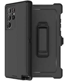 Rubcase For Samsung Galaxy S22 Ultra Case With 2 Screen Protector, Heavy Duty Military Grade Full Body Shockproof Rugged Belt Clip Holster Protective Cover For Samsung Galaxy S22 Ultra 5G (Black)