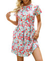 Naggoo Casual Dress Short Sleeve Beach Dresses Floral Print Loose Short Mini Sundress With Pockets L,Green Red Floral