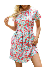 Naggoo Casual Dress Short Sleeve Beach Dresses Floral Print Loose Short Mini Sundress With Pockets L,Green Red Floral