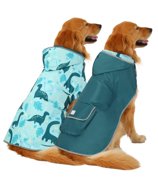 HDE Reversible Dog Raincoat Hooded Slicker Poncho Rain Coat Jacket for Small Medium Large Dogs Dinosaurs - XL