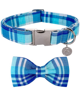 Dogwong Dog Collar With Bowtie, Blue Plaid Dog Collar Comfortable Durable Checked Dog Collar For Small Medium Large Dog