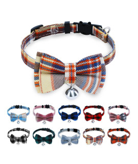 Breakaway Cat Collar With Cute Bow Tie And Bell, Buntyjoy Cat Collars For Girl Cats And Boy Cats, Safety Kitten Collars, Stylish Plaid Patterns, Brown, Pack Of 1