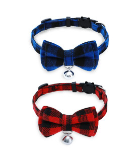 Breakaway Cat Collar With Cute Bow Tie And Bell, Buntyjoy Cat Collars For Girl Cats And Boy Cats, Safety Kitten Collars, Stylish Plaid Patterns, Blue & Red, Pack Of 2