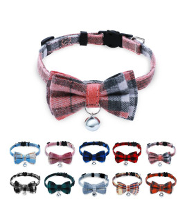 Breakaway Cat Collar With Cute Bow Tie And Bell, Buntyjoy Cat Collars For Girl Cats And Boy Cats, Safety Kitten Collars, Stylish Plaid Patterns, Pink, Pack Of 1