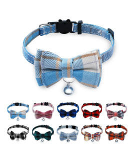 Breakaway Cat Collar With Cute Bow Tie And Bell, Buntyjoy Cat Collars For Girl Cats And Boy Cats, Safety Kitten Collars, Stylish Plaid Patterns, Light Blue, Pack Of 1