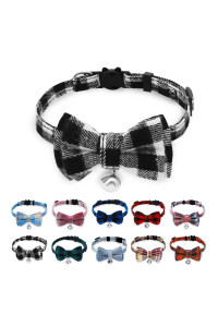 Breakaway Cat Collar With Cute Bow Tie And Bell, Buntyjoy Cat Collars For Girl Cats And Boy Cats, Safety Kitten Collars, Stylish Plaid Patterns, Black, Pack Of 1