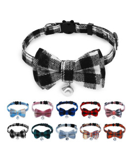 Breakaway Cat Collar With Cute Bow Tie And Bell, Buntyjoy Cat Collars For Girl Cats And Boy Cats, Safety Kitten Collars, Stylish Plaid Patterns, Black, Pack Of 1