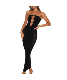 Women Cutout Backless Maxi Dress Sexy Sleeveless Split Cocktail Dresses Bodycon Spaghetti Strap Long Dress Party(Black Strapless,Xl)