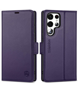 Shieldon Case For Galaxy S22 Ultra 68, Genuine Leather Wallet Case Magnetic Rfid Blocking Credit Card Holder Kickstand Shockproof Case Compatible With Galaxy S22 Ultra 5G 2022 - Dark Purple