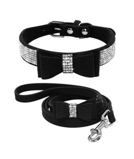 Beirui Rhinestone Bling Leather Dog Collar And Leash Set - Soft Flocking Sparkly Crystal Diamonds Studded - Cute Double Bowknot Cat Collar With 4 Foot Leash For Pet Show,Black,Neck:6-8