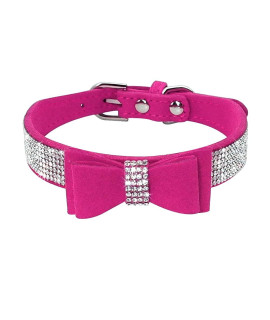 Beirui Rhinestone Bling Leather Dog Cat Collar - Flocking Sparkly Crystal Diamonds Studded - Cute Double Bowknot For Pet Show Daily Walking,Hot Pink,Xxs Neck Fit 6-8