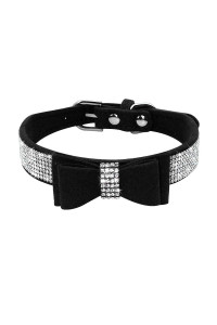 Beirui Rhinestone Bling Leather Dog Cat Collar - Flocking Sparkly Crystal Diamonds Studded - Cute Double Bowknot For Pet Show Daily Walking,Black,Medium Neck Fit 125-15