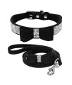 Beirui Rhinestone Bling Leather Dog Collar And Leash Set - Soft Flocking Sparkly Crystal Diamonds Studded - Cute Double Bowknot Collar With 4 Foot Leash For Pet Show,Black,Neck Fit 8-10