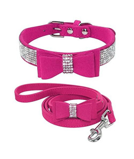 Beirui Rhinestone Bling Leather Dog Collar And Leash Set - Soft Flocking Sparkly Crystal Diamonds Studded - Cute Double Bowknot Cat Collar With 4 Foot Leash For Pet Show,Hot Pink,Neck:6-8