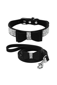 Beirui Rhinestone Bling Leather Dog Collar And Leash Set - Soft Flocking Sparkly Crystal Diamonds Studded - Cute Double Bowknot Collar With 4 Foot Leash For Pet Show,Black,Neck Fit 10-125