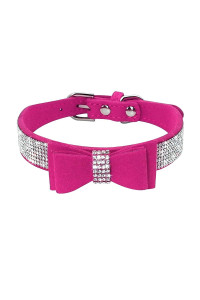 Beirui Rhinestone Bling Leather Dog Cat Collar - Flocking Sparkly Crystal Diamonds Studded - Cute Double Bowknot For Pet Show Daily Walking,Hot Pink,Xs Neck Fit 8-10