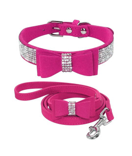 Beirui Rhinestone Bling Leather Dog Collar And Leash Set - Soft Flocking Sparkly Crystal Diamonds Studded - Cute Double Bowknot Collar With 4 Foot Leash For Pet Show,Hot Pink,Neck Fit 125-15