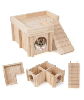 Chngeary Hamster House And Hideout: Multi Chamber Wooden Hamster Tunnel Exploration Toy With Ladder, Cage Accessories For Hamster Rat Gerbils Lemmings