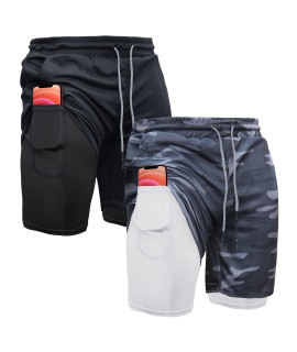 Oebld 2 Pack Mens Running Shorts 2-In-1 Gym Workout 7 Athletic Shorts With Towel Loop