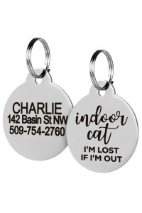 Gotags Cat Tags Personalized Small, Indoor Cat Tag Engraved With 4 Lines Of Custom Id For Collars, Im Lost If Im Out Cat Name Tags, Stainless Steel Pet Id Tag, Round