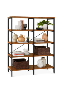 Best Choice Products Large Bookshelf 5-Tier Decorative Home 55In Double Wide Bookcase Furniture For Living Room Storage, Walkway, Entryway Windustrial Shelves - Brown