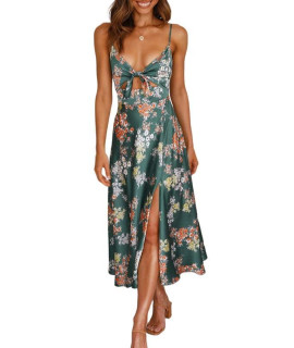 Dokotoo Womens Ladies Elegant Satin Dresses Summer Beach Floral Print Spaghetti Strap Split Sundress Sexy V Neck Tie Front Boho Cut Out Maxi Dress For Party Club Green X-Large