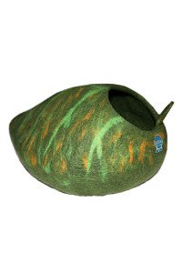 Durkha Felt Cat Cave Bed, Handmade Covered Cat Bed Cave, Wooly Cave for Cats, Dome Shaped Cat Pod, Cat Beds & Furniture, Felt Cat Beds for Indoor Cats (Dark and Light Green Pattern)