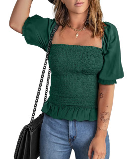 Evaless Ladies Tops And Blouses Summer Short Sleeve Solid Color Blouses For Women Puff Sleeve Square Neck Sexy Tops Pullover Shirts For Women Fashion 2022 Business Casual Green X-Large Size