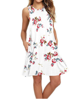 Summer Dresses For Women Beach Floral Tshirt Sundress Sleeveless Pockets Casual Loose Tank Dress Floral White M