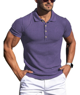 Urru Mens Muscle T Shirts Stretch Classic Ribbed Short Sleeve Casual Slim Fit Polo Golf Shirt Purple M