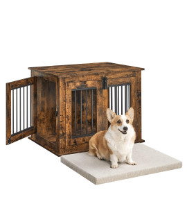 FEANDREA Furniture Style Dog Crate End Table, with Cushion, Double Entries, Dog Kennel Indoor for Medium and Small Dogs, Cage for Living Room, Rustic Brown UPFC006X01