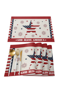July 4Th Placemats Set Of 6- Red White And Blue Cotton Linen Heat Resistant Placemat Memorial Day Patriotic Washable Table Mats Party Summer Holiday Decorations For Kitchen Dining(God Bless America)