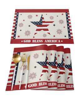 July 4Th Placemats Set Of 6- Red White And Blue Cotton Linen Heat Resistant Placemat Memorial Day Patriotic Washable Table Mats Party Summer Holiday Decorations For Kitchen Dining(God Bless America)
