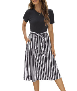 Zattcas Summer Short Sleeve Ribbed Midi Dress With Pockets Casual Work Dress Black Stripe M