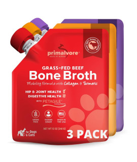 Primalvore Free-Range Bone Broth for Dogs & Cats, Mobility Formula w/Collagen Peptides for Hip&Joints, Digestion, Skin & Coat & Hydration. Grain Free, Human Grade, USA Made. 3 Beef, Chicken and Duck