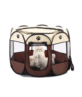 S-Lifeeling Pet Playpen Foldable Puppy Kennel Removable Dog Cat Bunny Mesh Shade Cover Portable Waterproof Bottom Collapsible Indoor Outdoor (Coffee)