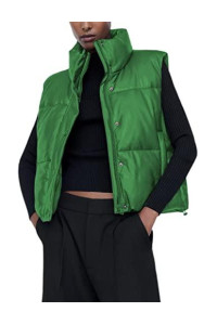 Ailoqing Womens Faux Leather Puffer Vest Zip Up Sleeveless Winter Cropped Jacket(Green-Xs)