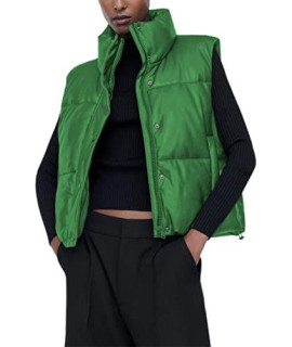 Ailoqing Womens Faux Leather Puffer Vest Zip Up Sleeveless Winter Cropped Jacket(Green-Xs)