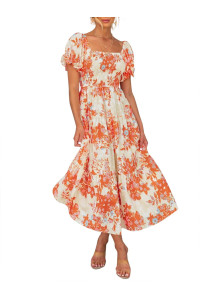 Zesica Womens 2023 Summer Boho Floral Print Square Neck Ruffle Swing Beach Long Maxi Dress,Tangerine,Small