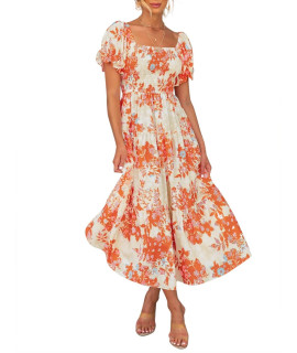 Zesica Womens 2023 Summer Boho Floral Print Square Neck Ruffle Swing Beach Long Maxi Dress,Tangerine,Small