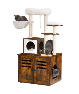 Heybly Cat Tree, Wood Litter Box Enclosure With Food Station, All-In-One Indoor Cat Furniture With Large Platform And Condo, Modern Style Cat Tower, Hammock, Rustic Brown Hct100Sr